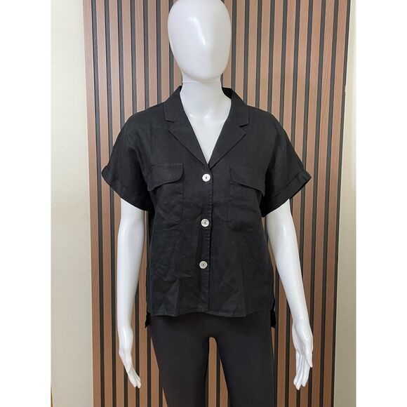 Tahari Women's M Black Button-Up 100% Linen Cropped Shirt Notch Lapel Utility - Picture 1 of 8